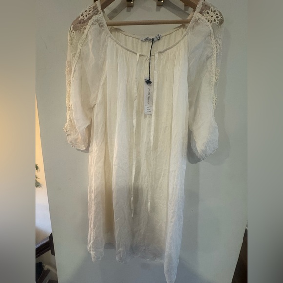 Nicole Italy NWT Pure Silk Boho Lace Mini Dress Tunic Cream M - Picture 3 of 10
